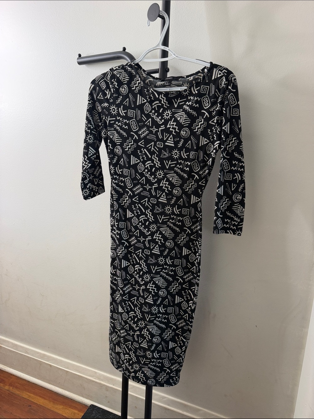 Forever 21 Black Midi Dress with White Geometric Print